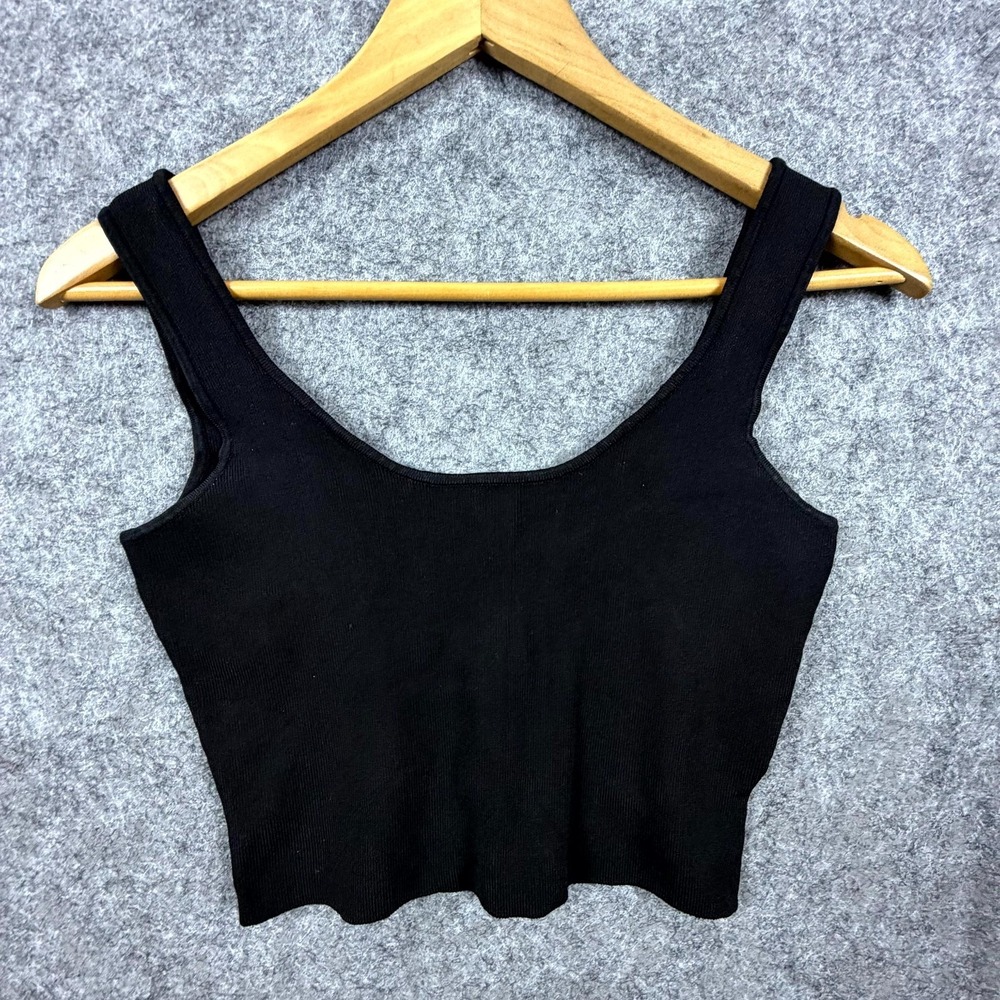 Bebe Cropped Tank Top Womensโ Small Black Ribbed Scoop Neck Casual Pullover
